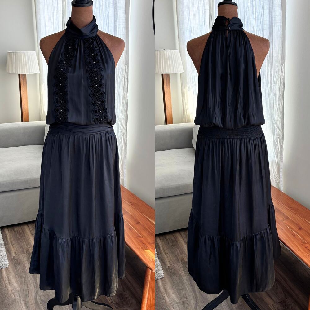 Ramy Brook‎ Black High Neck Beaded Lace Tiered Maxi Dress Elegant Wedding Medium